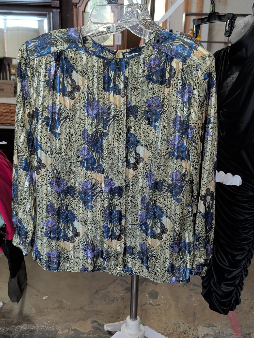 Vintage Gianna Semi Sheer Blue/Purple Floral Long-Sleeve Butterfly Blouse